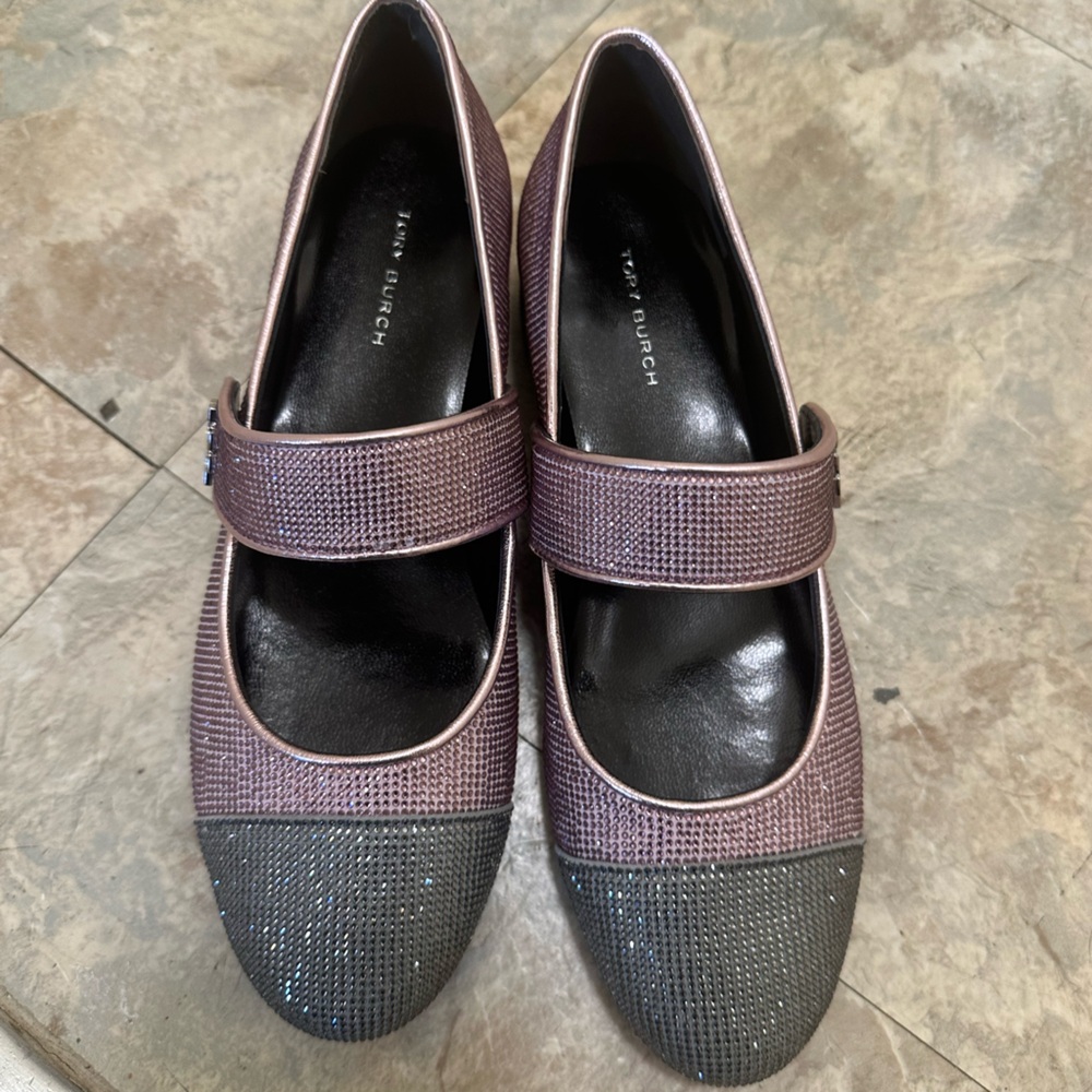 Tory Burch purple and Charcoal sparkley Mary Jane Shoes